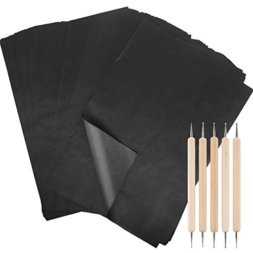 100 Pcs Carbon Transfer Paper with 5 Pcs Embossing Styluses Tools 11.7 X 8.3 Inch Copy Paper for Tracing Pattern on Wood Paper Canvas Cloth (Black) - color: Black