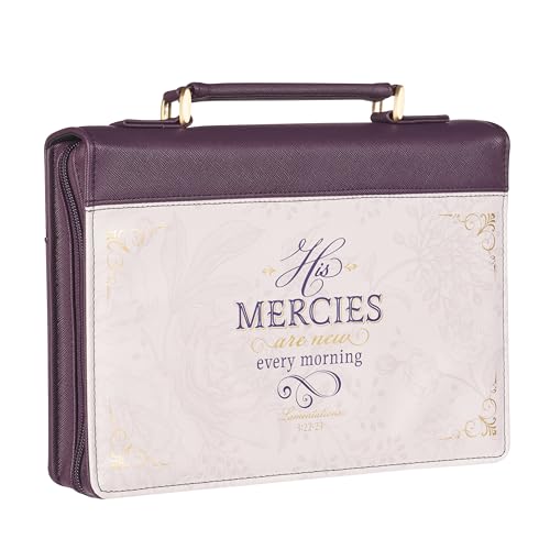Christian Art Gifts Dark Purple Fashion Bible Cover for Women: Mercies are New - Lam. 3:22-23 Inspirational Scripture, Vegan Leather Book Carry Case w/Sleeves, Zipper, Pocket & Pen Storage, Medium - color: Purple/Mercies Are New, size: Medium