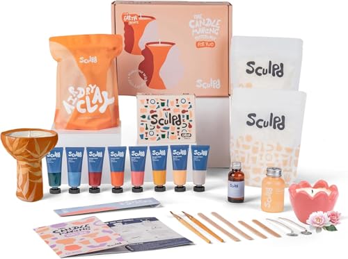 Sculpd Candle Making Pottery Kit for Adults with Air Dry Clay and Acrylic Paint Set, Non-Toxic Eco Soy Wax, Scented Fragrance Oil, Candle Glaze, Tools & Guide, 2 Candles, Peony Rose with Earth Tones - color: Peony Rose with Earth Tones, size: 2 Candles