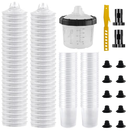 Disposable Paint Spray Gun Cup 50 Pack 6.7 Ounce(200ML) Disposable Mixing Cups for Automotive Spray Gun with 50 Liners and Lids System, with Retainer Ring, 10 Plugs, 2 Adapters for Paint Gun - size: 6.7 Ounce- 50pack
