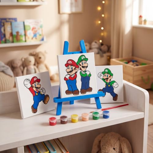 Super Mario Canvas Painting Kit for Kids, 3 Preprinted Mini Canvases for Painting, Easel, 6 Paint Pots and Brush, Acrylic Paint Set for Children - color: Super Mario