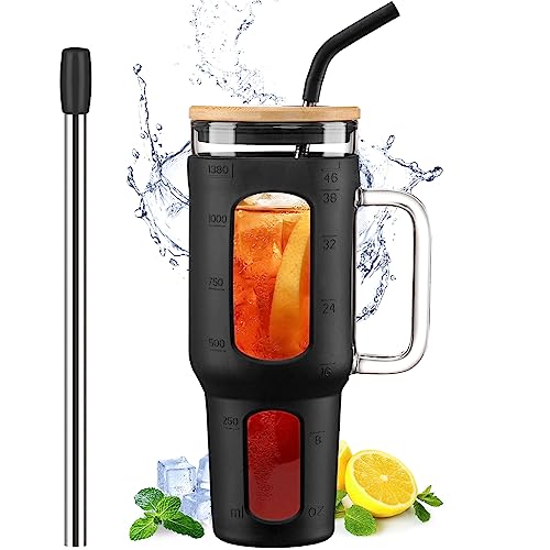 WINSA Glass Tumbler with Lid and Straw, 46 oz Iced Coffee Cup with Handle, Large Water Bottles with Silicone Sleeve, Glass Cup with Straws - Pearl Straw & Drinking Straw BPA Free-Black - color: Black, size: 46 Ounces