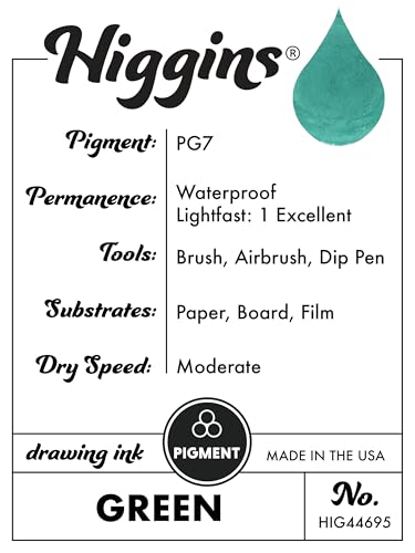 Higgins Green Pigmented Drawing Ink - for Artists and Students - 1 oz. Glass Bottle (HIG44695) - color: Green