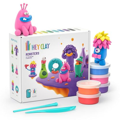 HEY CLAY Set - Colourful Modeling Air Dry Clay Kit for Kids 15 cans and Sculpting Tools with Fun Interactive Instructions App - Children 3+ (Monsters) - style: Monsters