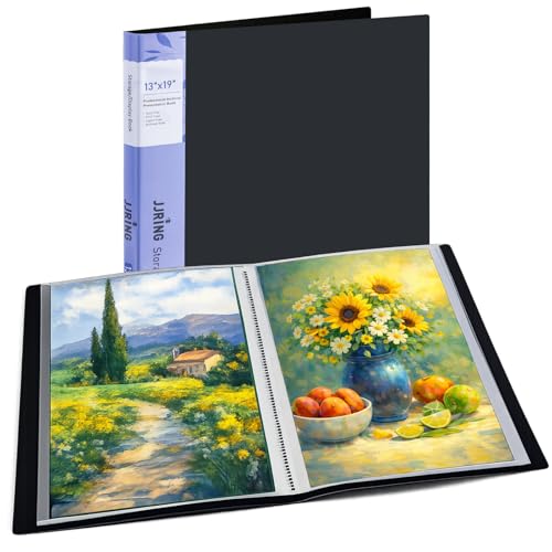 JJRING 13x19 Art Portfolio Folder with Plastic Sleeves, 24-Pocket Portfolio Binder Displaying 48 Pages, Presentation Book with Black Inner Paper for Artwork Storage, Black - size: 13*19