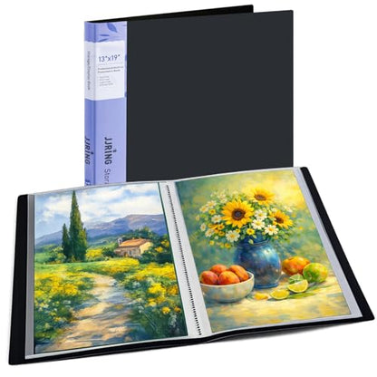 JJRING 13x19 Art Portfolio Folder with Plastic Sleeves, 24-Pocket Portfolio Binder Displaying 48 Pages, Presentation Book with Black Inner Paper for Artwork Storage, Black - size: 13*19