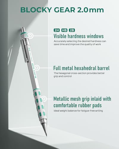 Nicpro 3 Pack Blocky Gear 2.0 mm Metal Mechanical Pencils Set with Case, Drafting Pencil with 13 Tubes 2mm Lead Refills (HB 2B 2H 4B 4H 6B & Colors), Erasers for Carpenter Writing Drawing - style: 2.0mm