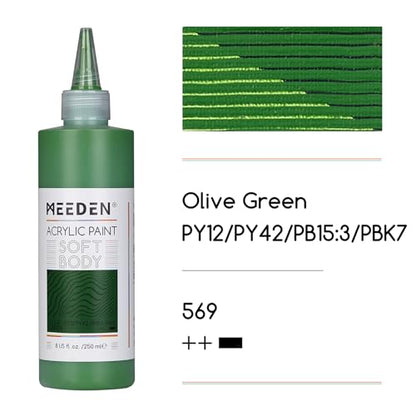 MEEDEN Olive Green Acrylic Paint: Matte Finish 250ml/8.45oz Soft Body Bulk Acrylic Colors in Ergonomic Bottle - Fluid Flow Art Paints for Artists Canvas Painting - color: Olive Green