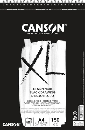 CANSON XL Black Drawing 150gsm A4 Paper, Double Sided: Grained & Smooth, Spiral Pad Short Side, 40 Black Sheets, For Professional Artists & Illustrators - size: A4