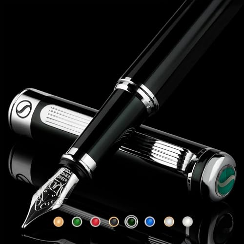Scriveiner Black Green Fountain Pen - Stunning Luxury Pen with Chrome Finish, Schmidt Nib (Medium), Best Pen Gift Set for Men & Women, Professional, Executive, Office, Nice Pens - color: 13. Very Dark Black Green with Chrome, style: Medium Nib