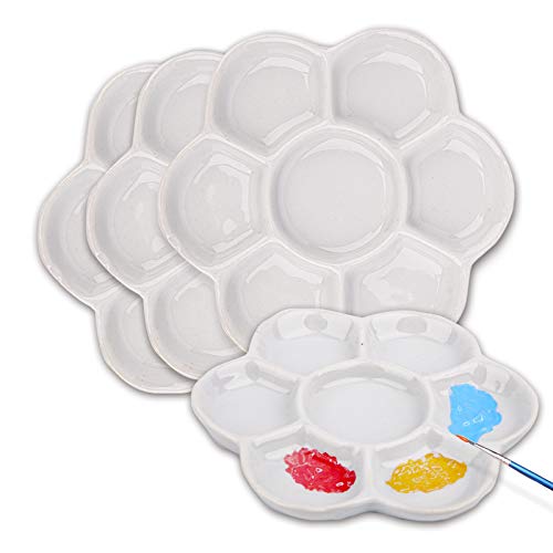 Foraineam 4 Pieces Ceramic Paint Palette Artist 7 Well Flower Palettes Painting Oil Watercolor Mixing Trays - size: 5 Inch