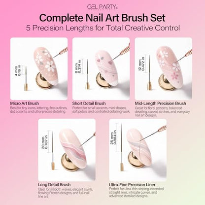GELPARTY 7Pcs Pink Nail Art Brush Set - Professional Ultra-Fine Liner & Detail Brushes for Gel Polish & Acrylic Nails - Includes White Agate Palette & Holder - Manicure Design Tool Kit - color: Pink