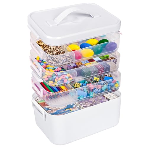 16 QT Art Supply Organizer Box with Handle, White 4-Tier Stackable Craft Storage Container with Removable Trays for Markers, Paints, Beads and Sewing Accessories 11.1''x7.7''x10.83'' - color: 4 Layer-White