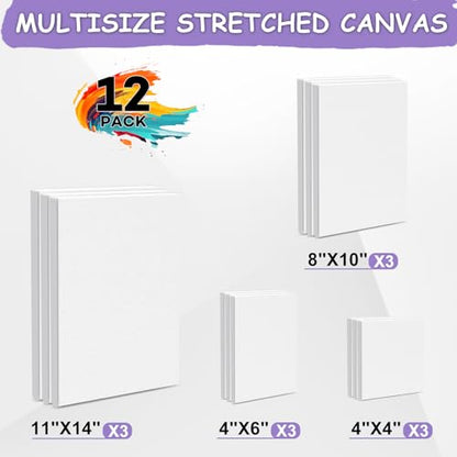 ESRICH Stretched Canvas for Painting, 12 Pack 4x4, 4x6, 8x10, 11x14(3 of Each) Canvas Set, Multi-Size Blank Canvases for Painting, Primed Paint Canvas for Kids, Adults, Beginners, Artists. - size: 4x4in,4x6in,8x10in,11x14in
