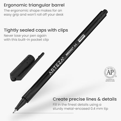 ARTEZA Black Inkonic Fineliners Pens, Set of 12, 0.4 mm Fine Tip Markers, Water-Based Art Pens for Drawing, Sketching, Journaling, Calligraphy - size: 1 Count (Pack of 12)