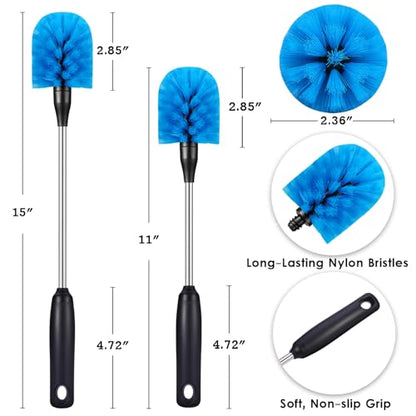 MOSOLAN Stainless Steel Bottle Brush with Replaceable Head, 2 Pack Long Handle Scrubbing Brush for Water Bottles, Glasswares, Mugs, Flasks, Tumblers, Vases, and Kitchen Sink, Blue, 13 in - 15 in - color: Blue, size: 13-15 Inch (Pack of 2)