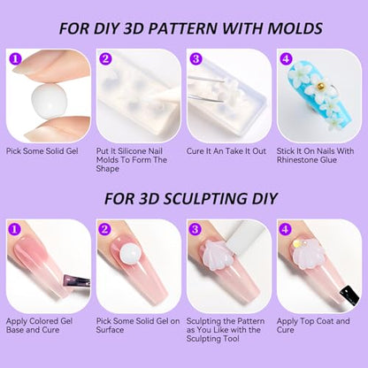 Makartt 3D Gel Nail Art for Nails Starter Kit: Clear and White 3D Sculpting Gel Non-Sticky Molding Carving Glue Extension Builder DIY Manicure Gold & Silver Chrome Powder Solid Soak Off Hard Gels - color: Clear & White Starter Kit