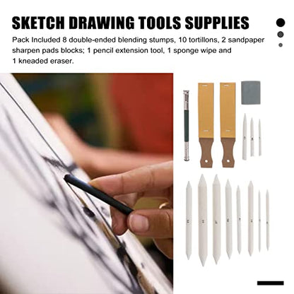 Ciieeo 46pcs Blending Stumps and Tortillions Art Set Sandpaper Pencil Sharpener Kneaded Eraser and Pencil Extension Tool for Student Sketch Drawing and Shading