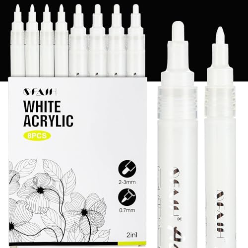 SFAIH Acrylic White Paint Pens - 8 Pack 2-3MM Medium Tip & 0.7MM Extra Fine Paint Marker for Rock Painting, Wood, Metal, Fabric, Plastic, Canvas, Glass, Ceramic, Diy Crafts, White Out Pen - color: White