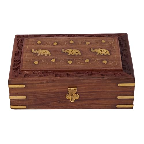 GURU JEE Wooden Jewellery Keepsake Storage Box With Hand Carved Floral Design And Brass Inlay On Lid Decorative Gifts (3EL_8x5) - color: 3EL_8x5
