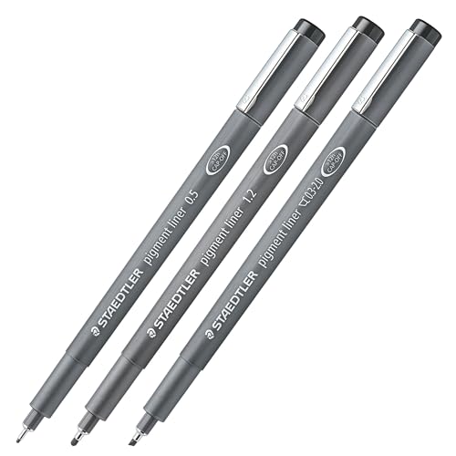 Staedtler Pigment Liner Pack, Black, 3 Pens, Assorted Line Widths 0.5mm/1.2mm/Chisel, 308-9S2BK3