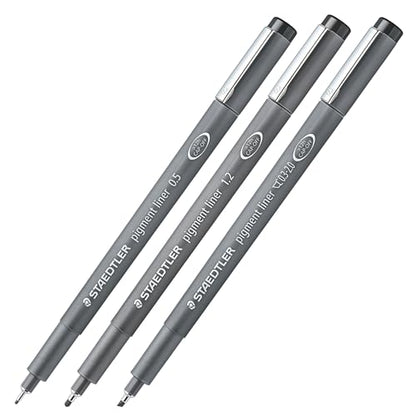 Staedtler Pigment Liner Pack, Black, 3 Pens, Assorted Line Widths 0.5mm/1.2mm/Chisel, 308-9S2BK3