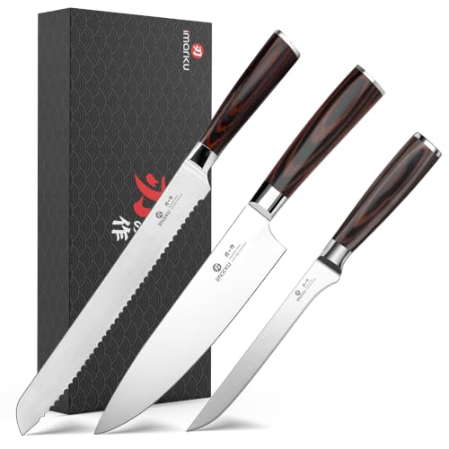 imarku Knife Set, 3 Piece Japanese High Carbon Stainless Steel | Razor Sharp 8 inch Chef Knife, 10 inch Bread Knife and 6 inch Boning Knife for Meat, Bread, Vegetables and Kitchen Prep - color: Pakkawood Brown