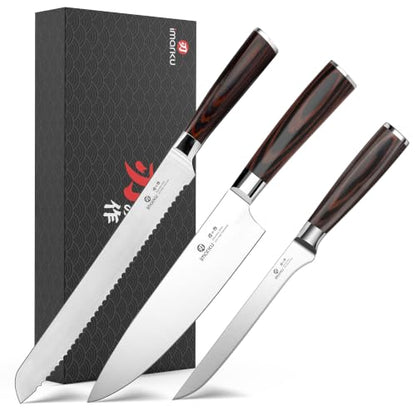 imarku Knife Set, 3 Piece Japanese High Carbon Stainless Steel | Razor Sharp 8 inch Chef Knife, 10 inch Bread Knife and 6 inch Boning Knife for Meat, Bread, Vegetables and Kitchen Prep - color: Pakkawood Brown