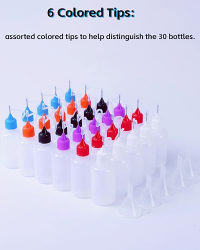 LJY Precision Applicator Bottle Set 1 Oz. - 30 Needle Tip Squeeze Bottles and 5pcs Mini Funnels for Acrylic Painting, DIY Quilling and Paper Craft
