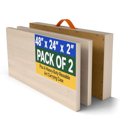 (Pack of 2) Large 48x24 Inch Panoramic Unfinished Wooden Canvas, Horizontal Cradled Painting Wood Panel with Artwork Shipping Crate, 2 Inch Thickness Frame for Acrylic Oil Mix Media Painting
