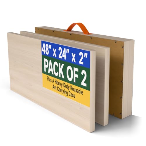 (Pack of 2) Large 48x24 Inch Panoramic Unfinished Wooden Canvas, Horizontal Cradled Painting Wood Panel with Artwork Shipping Crate, 2 Inch Thickness Frame for Acrylic Oil Mix Media Painting
