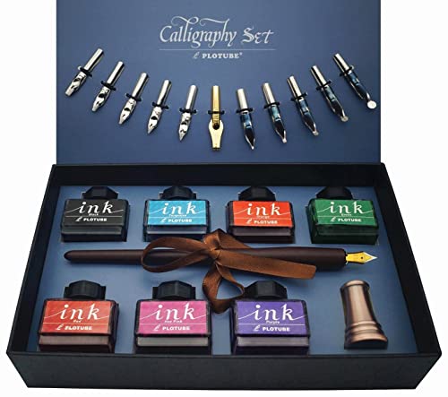 Calligraphy Pen Set – Includes Wooden Dip Pen, Antique Brass Holder, 11 Nibs, 7 Colors Ink Bottles and Beginner's Manual - color: 7 colors