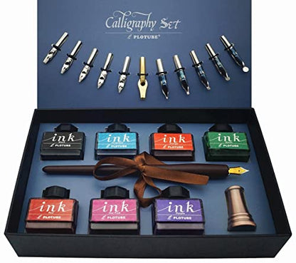 Calligraphy Pen Set – Includes Wooden Dip Pen, Antique Brass Holder, 11 Nibs, 7 Colors Ink Bottles and Beginner's Manual - color: 7 colors