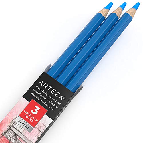 Arteza Professional Watercolor Pencils, Pack of 3, A501 Peacock Blue, Water-Soluble Pencils for Coloring, Blending, Layering & Watercolor Techniques - color: A501 Peacock Blue, size: 1 Count (Pack of 3)