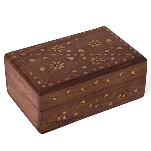 GURU JEE Gorgeous Wooden Keepsake Jewellery Trinket Storage Box Organiser With Floral Brass Inlay Gifts - color: FLBRS_8X5