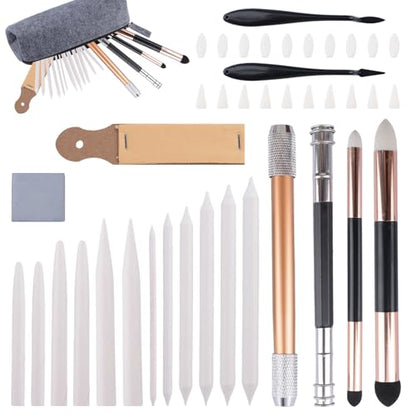 Sketch Drawing Tools, 42PCS Blending Stumps and Tortillions Sandpaper Sharpeners Pencil Extension Sponge Replacement Heads Kneaded Eraser for Charcoal Sketch