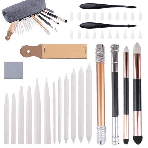 Sketch Drawing Tools, 42PCS Blending Stumps and Tortillions Sandpaper Sharpeners Pencil Extension Sponge Replacement Heads Kneaded Eraser for Charcoal Sketch