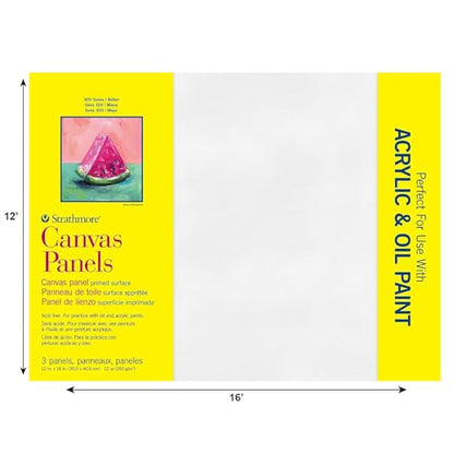 Strathmore 300 Series Artist Canvas Panels, 12x16 inches, White Pre-Primed, 3 Pack - 100% Cotton Surface for Acrylics & Oil Paints - size: 12x16