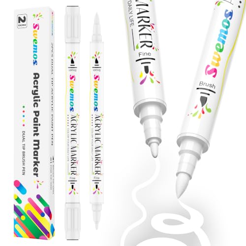 Swemos 2Pcs White Acrylic Paint Markers, Acrylic Paint Pens for Fabric, Rock, Stone, Canvas, Wood, Ceramic, Glass, DIY Crafts, Dual Tip with Fine and Brush Tips Paint Marker (WHITE, 2) - color: White, size: 2