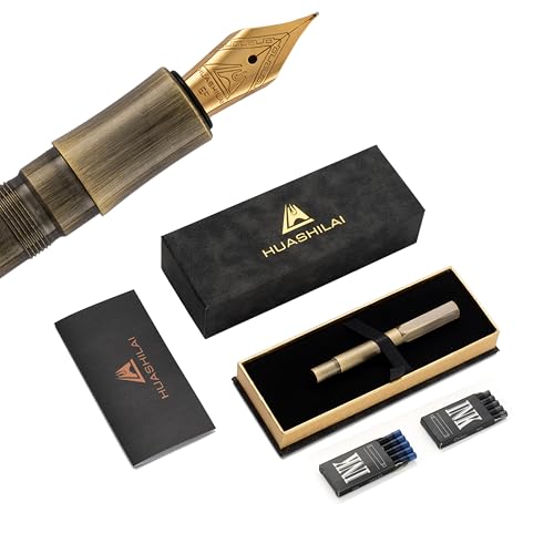 Luxury Solid Brass Fountain Pen Set for Writing & Calligraphy - Choose Antique or Matte Black Finish. Includes 10 Ink Cartridges & Premium Gift Box (Extra Fine Nib, Antique Brass) - color: Antique Brass, style: Extra Fine Nib