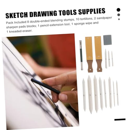 Veemoon 69pcs Blending Stumps and Tortillions Set Sandpaper Pencil Sharpener Kneaded Eraser and Pencil Extension Tool for Sketching Drawing and Shading Techniques