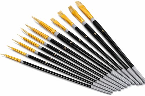 Artist's 100% Natural Hog Hair Bristle Paint Brush Set, 10 Brushes, 6 Round, 4 Flat, Comfortable Handles, for Oil, Acrylic, Watercolor, Tempera, by Tech Team