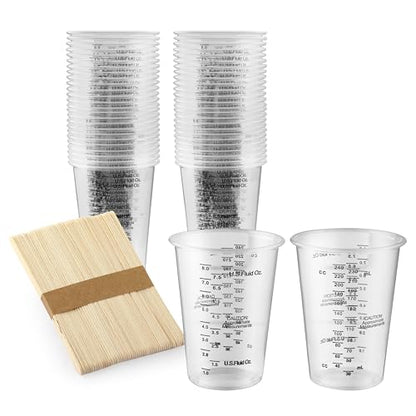 50PCS Resin Epoxy Mixing Cups, DQELFA 8oz Clear Plastic Paint Measuring Cups with 50pcs Wooden Stirring Sticks for Epoxy Resins, Mixing Paint, Pigments, Resins