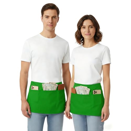 BOHARERS Waist Apron with 3 Pockets 3 Pack - Green Waitress Server Short Apron - color: D-3 Pack Green