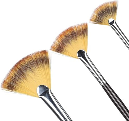 3pcs Fan Shape Painting Brushes,Soft Anti-Shedding Artist Long Hands Painting Brushes Nylon Hair Watercolor Paint Brush Set with Wooden Handle