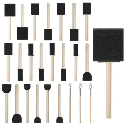 conda 25 Pack Different Size Assorted Foam Brush Set Wood Handle Paint Brush Set - size: 0.25"-2"/ 25 Pack
