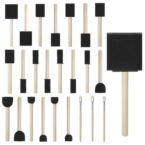 conda 25 Pack Different Size Assorted Foam Brush Set Wood Handle Paint Brush Set - size: 0.25"-2"/ 25 Pack