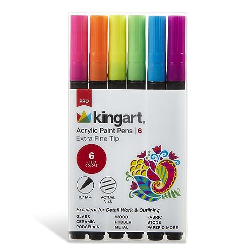 KINGART PRO Extra Fine Pt. Neon Paint Pens, 0.7mm Tip, 6 Neon Acrylic Paint Colors, Low-Odor, Quick Drying Markers for Rock, Wood, Metal, Plastic, Glass, Ceramic, Set of 6 - color: Neon