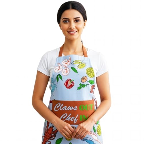 100% Cotton Printed Kitchen Apron with 2 Pockets for Men and Women – Adjustable Chef Apron - Machine Washable - color: Seafood Blue