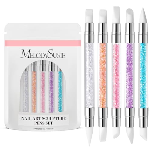 MelodySusie 5 Pcs Nail Art Sculpture Pen Acrylic Dual Tipped Brushes for Resin Nail Art Tools for Design Foil Carving Drawing Effect Shaping - color: White, Orange, Pink, Purple, Sky Blue, size: 5